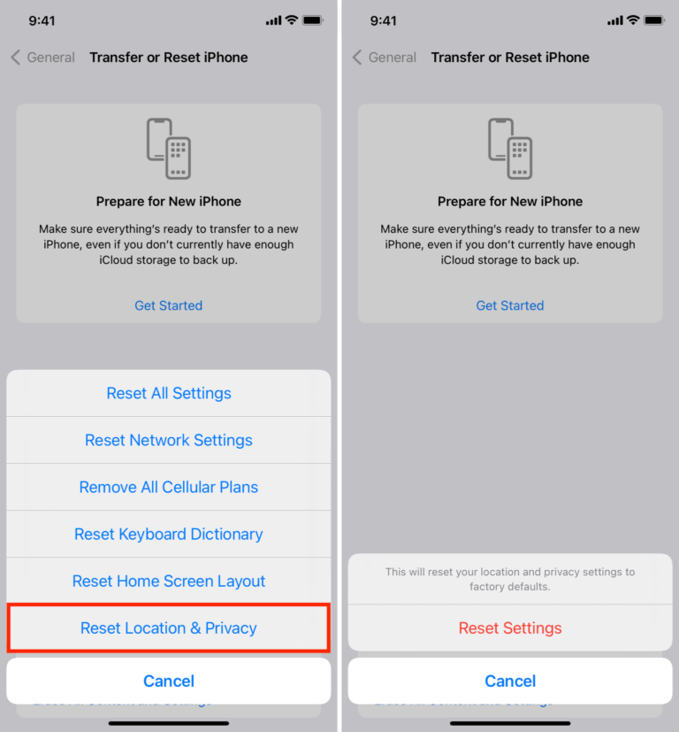 What does it mean when you reset location and privacy?