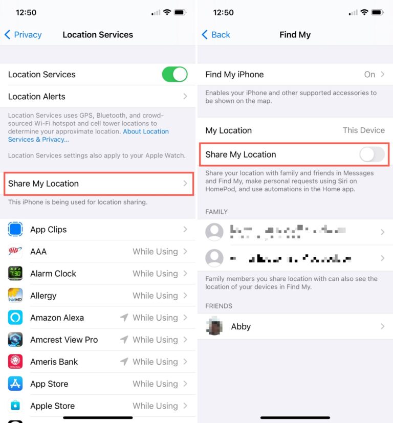 How to disable “Share my location” on iPhone?